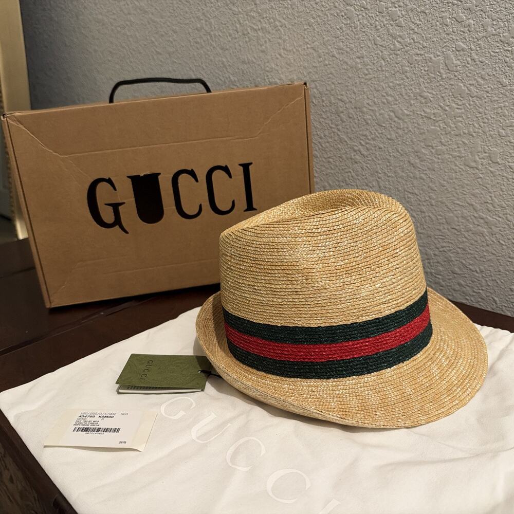 AUTHENTIC GUCCI WOVEN STRAW WEB FEDORA HAT TRILBY SZ M 434760 K0M00 9666